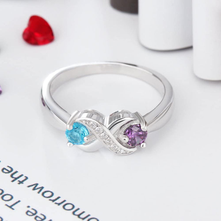 925 Sterling Silver Personalized Infinity Rings With 2 Round Simulated Birthstones