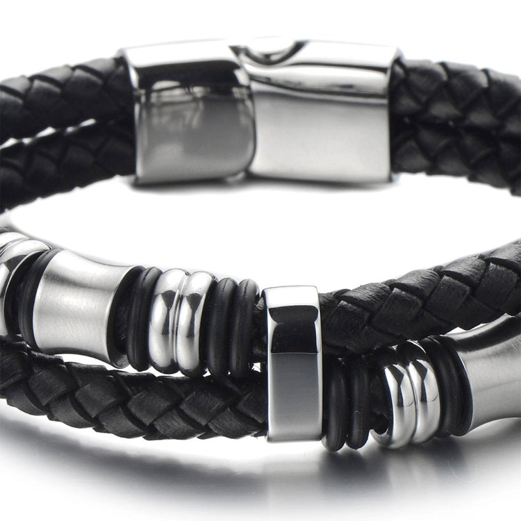 Double-Row Black Braided Mens Leather Bracelet Bangle Wristband with Stainless Steel Ornaments, Father's Day Bracelet - onlyone