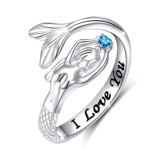 925 Sterling Silver Mermaid and Crescent Ring Adjustable Ring - onlyone