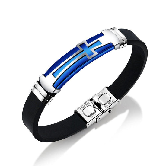 Men Punk Stainless Steel Cross Silicone Leather Bracelet Bangle Wristband Gift For Dad - onlyone