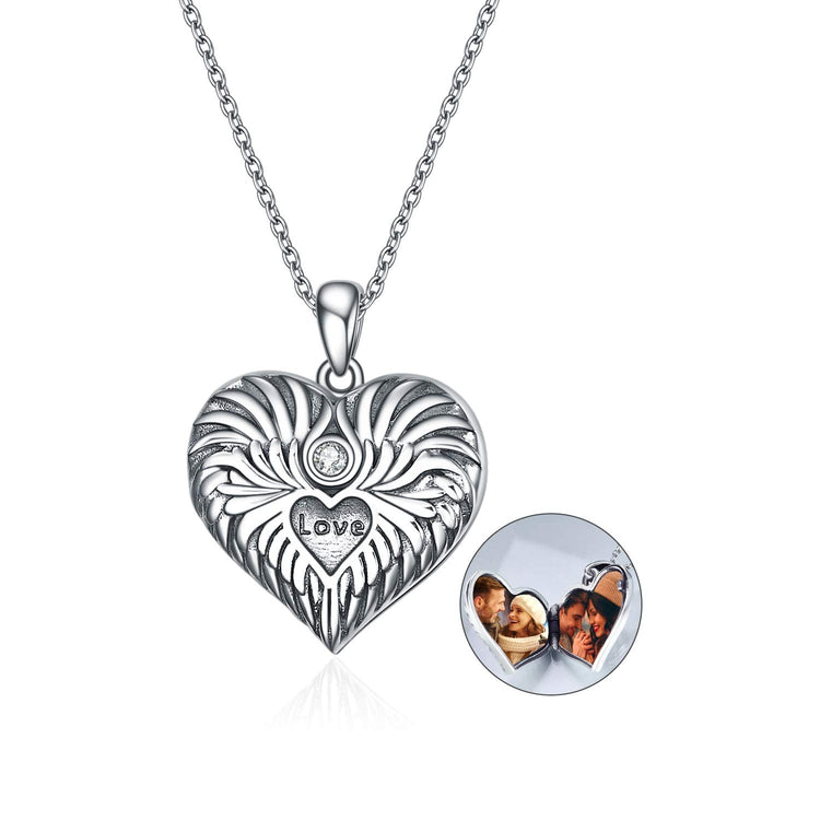 925 Sterling Silver Guardian Angel Wings Heart Locket Necklace