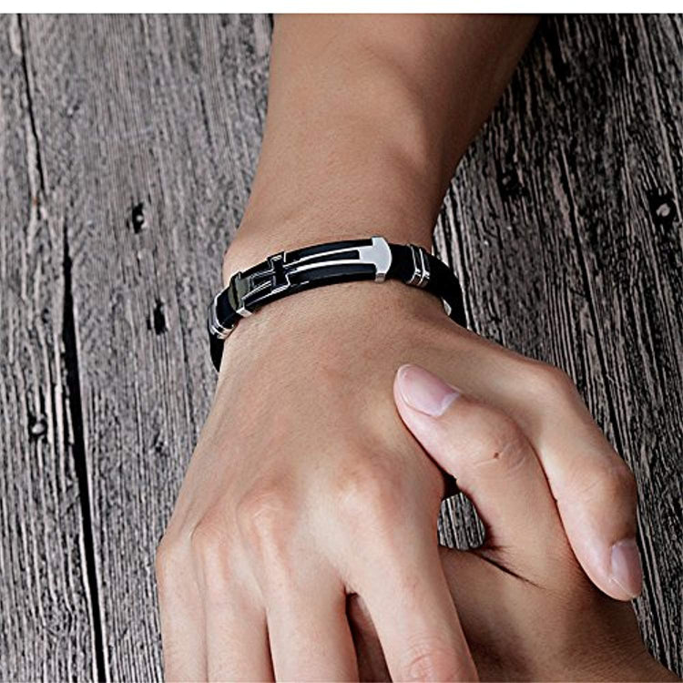 Men Punk Stainless Steel Cross Silicone Leather Bracelet Bangle Wristband Gift For Dad - onlyone