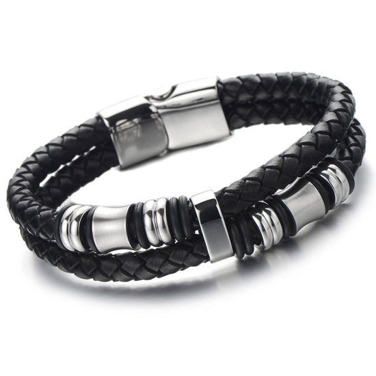 Double-Row Black Braided Mens Leather Bracelet Bangle Wristband with Stainless Steel Ornaments, Father's Day Bracelet - onlyone