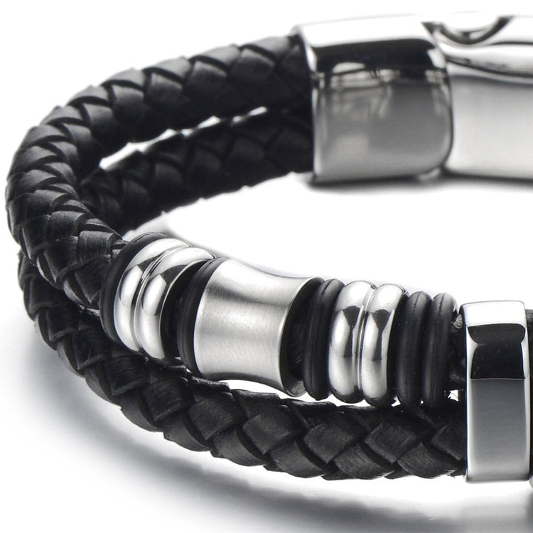 Double-Row Black Braided Mens Leather Bracelet Bangle Wristband with Stainless Steel Ornaments, Father's Day Bracelet - onlyone