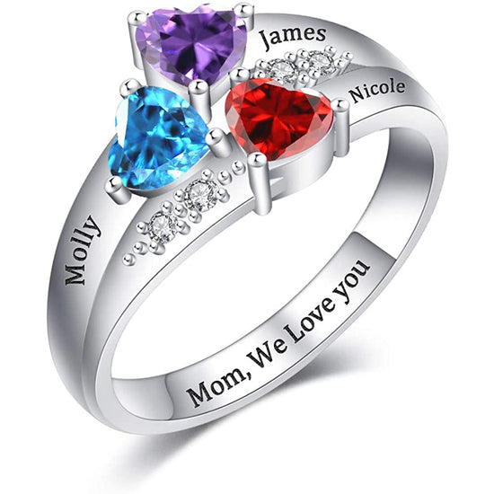 925 Sterling Silver Custom Engraved Name Mothers Ring with 3 Birthstones - onlyone
