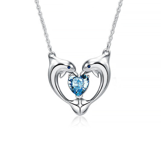 925 Sterling Silver Blue Crystal Dolphin Heart Necklace - onlyone