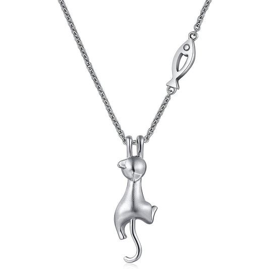 925 Sterling Silver Creative I Want Fish Cat Necklace Pendant Female Jewelry
