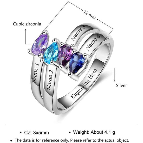 925 Sterling Silver Personalized Mother Ring With 4 Birthstones Mothers Day Ring for 4 Family Name Ring for Grandmother - onlyone