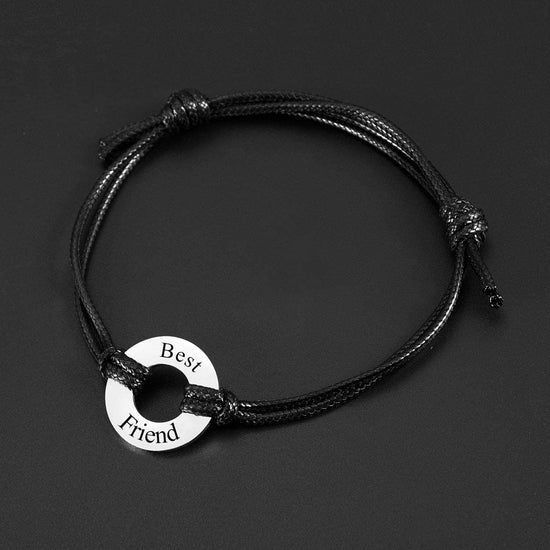 Personalized Free Engraving Custom Name Date Initial Adjustable Leather Bracelet With Circle Charm - onlyone