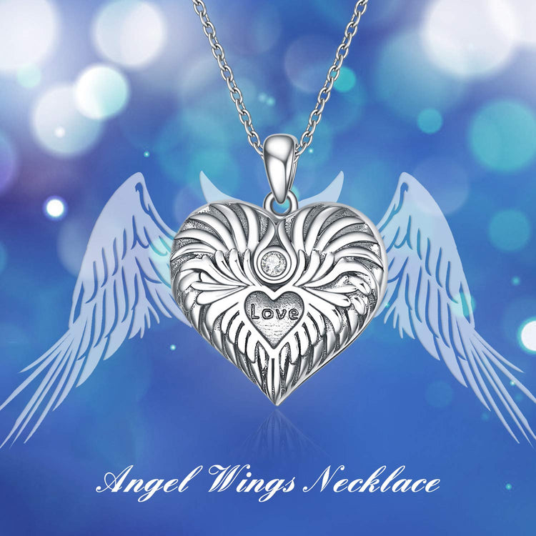 925 Sterling Silver Guardian Angel Wings Heart Locket Necklace