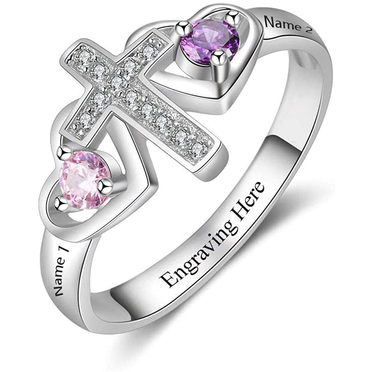 925 Sterling Silver Personalized Cross Ring for Women With 2 Birthstones, Mothers Ring - onlyone