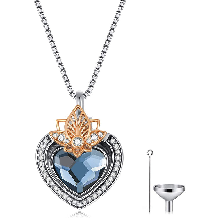 925 Sterling Silver Heart Flower Urn Necklace for Ashes, Cremation Keepsake Necklace with Swarovski Crystal - onlyone