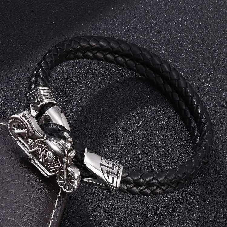 Mens Leather Bracelet With Stainless Steel Motorbike, Father's Day Bracelet - onlyone