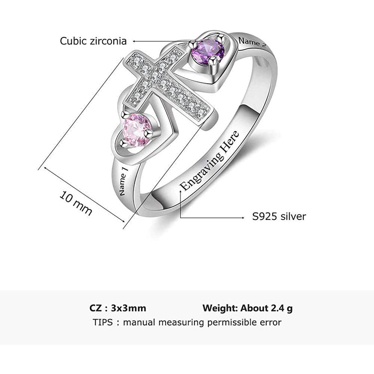 925 Sterling Silver Personalized Cross Ring for Women With 2 Birthstones, Mothers Ring - onlyone