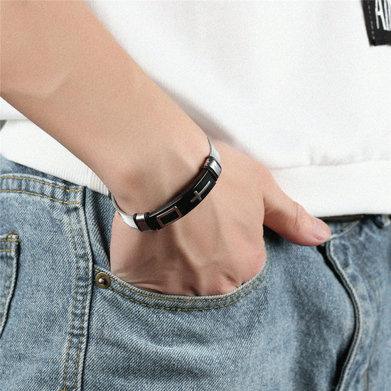 Men Punk Stainless Steel Cross Silicone Leather Bracelet Bangle Wristband Gift For Dad - onlyone