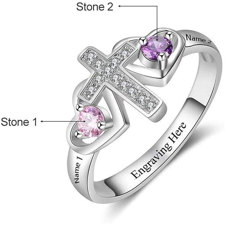 925 Sterling Silver Personalized Cross Ring for Women With 2 Birthstones, Mothers Ring - onlyone