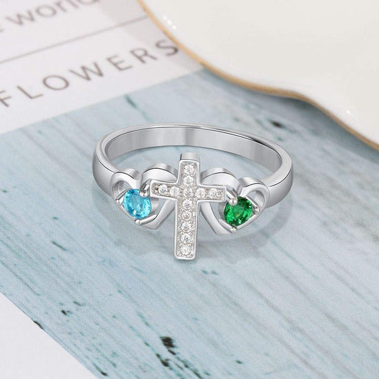 925 Sterling Silver Personalized Cross Ring for Women With 2 Birthstones, Mothers Ring - onlyone