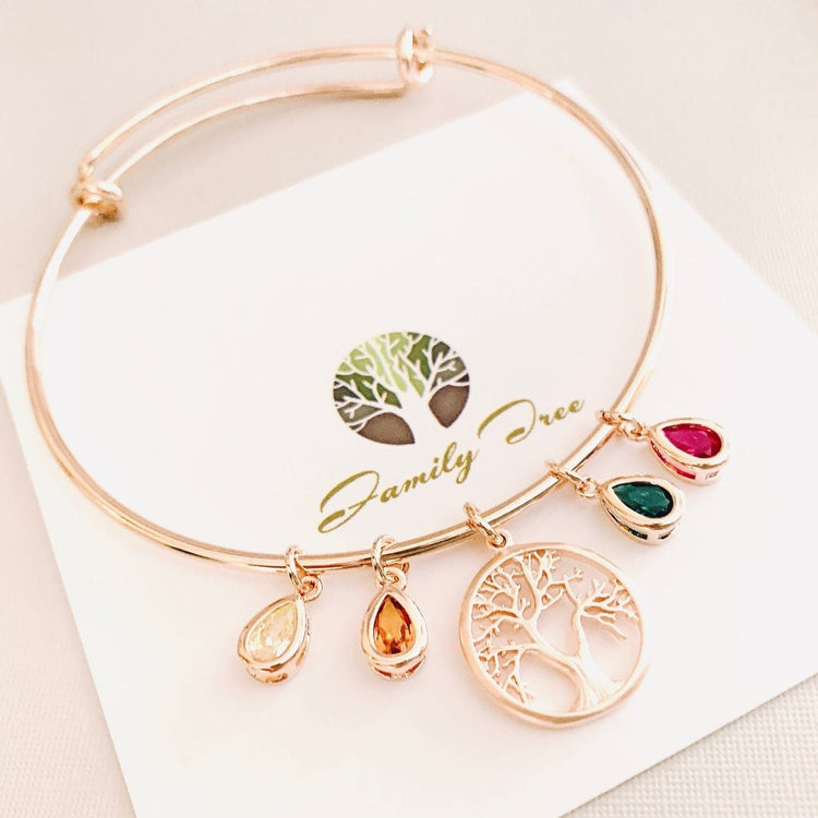 925 Sterling Silver Family Tree Bangle With Birthstone