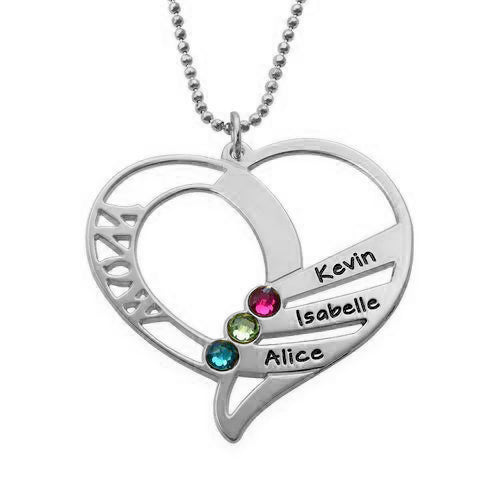 925 Sterling Silver Birthstone Two Heart Engraved Name Necklace - onlyone