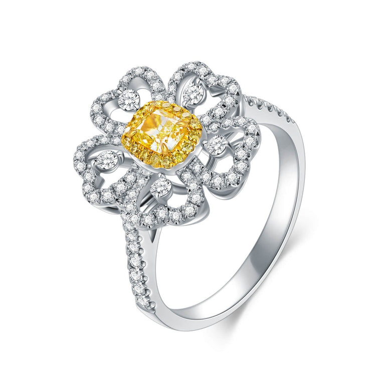 18K Halo Flower Cushion Yellow Diamond Ring