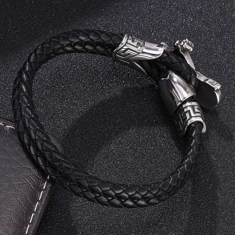 Mens Leather Bracelet With Stainless Steel Motorbike, Father's Day Bracelet - onlyone