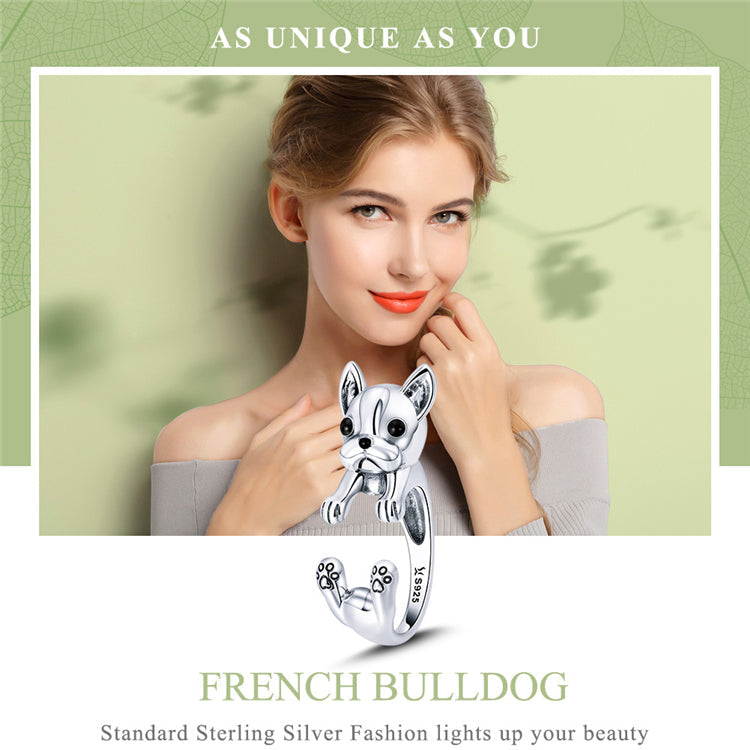 925 Sterling Silver Open Dainty French Bulldog Ring - onlyone