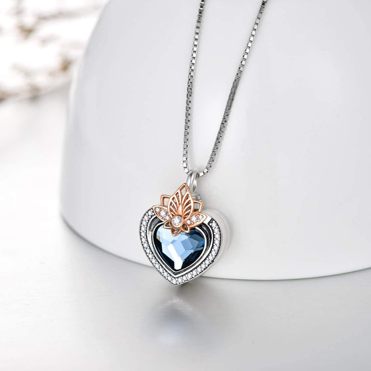 925 Sterling Silver Heart Flower Urn Necklace for Ashes, Cremation Keepsake Necklace with Swarovski Crystal - onlyone