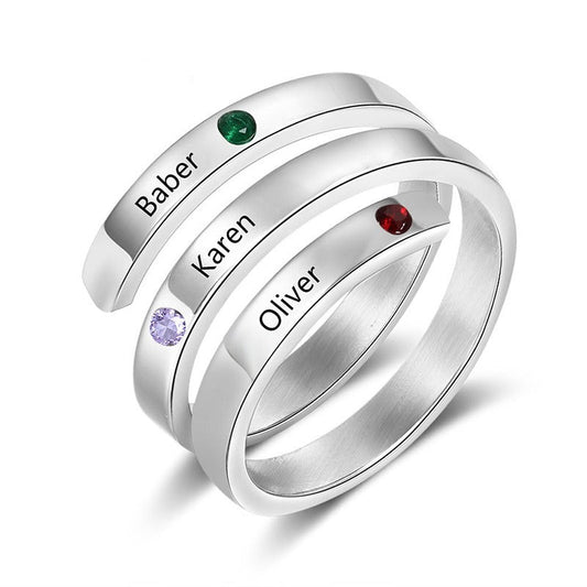 925 Sterling Silver Custom Three Names Ring Family Ring With Birthstones - onlyone