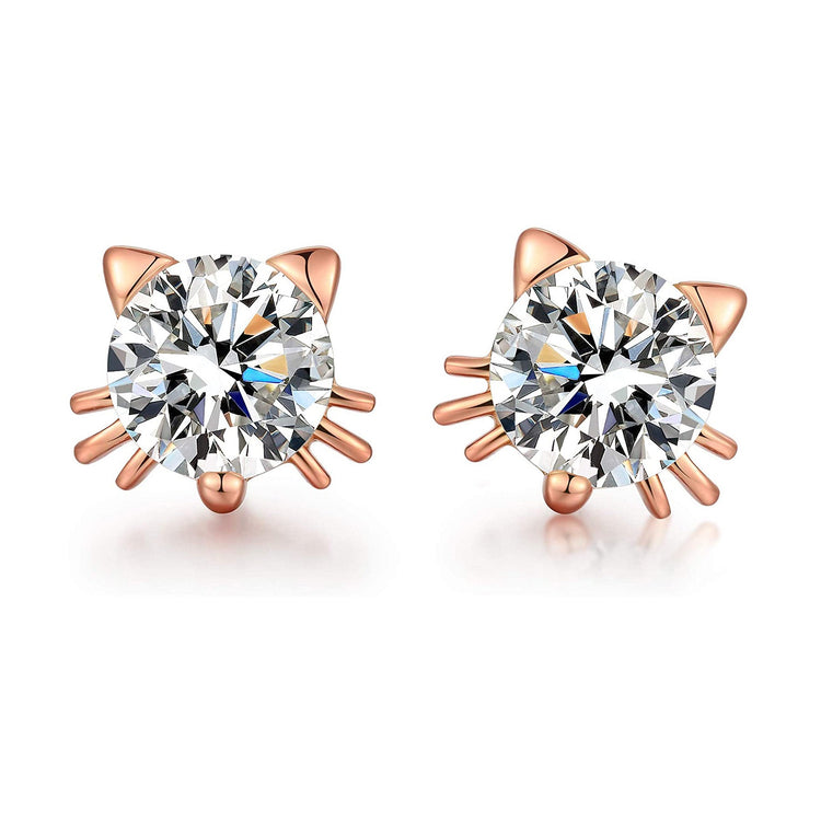 925 Sterling Silver Cute Cat Stud Earrings With 7mm Cubic Zirconia