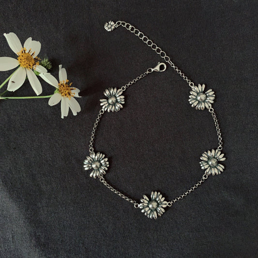 925 Sterling Silver Daisy Flower Anklet, Gift For Her