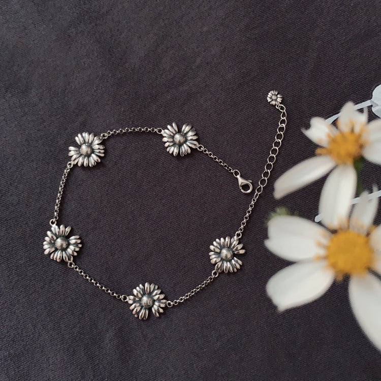 925 Sterling Silver Daisy Flower Anklet, Gift For Her