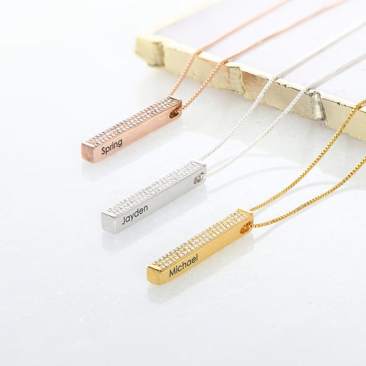 925 Sterling Silver Engraved 3D Vertical Bar Pendant Necklace With Zirconia