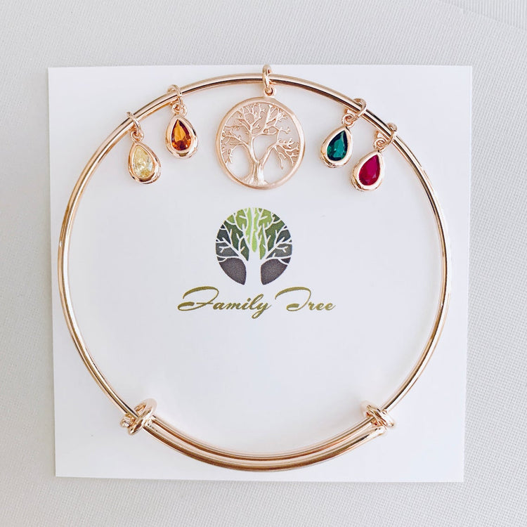 925 Sterling Silver Family Tree Bangle With Birthstone