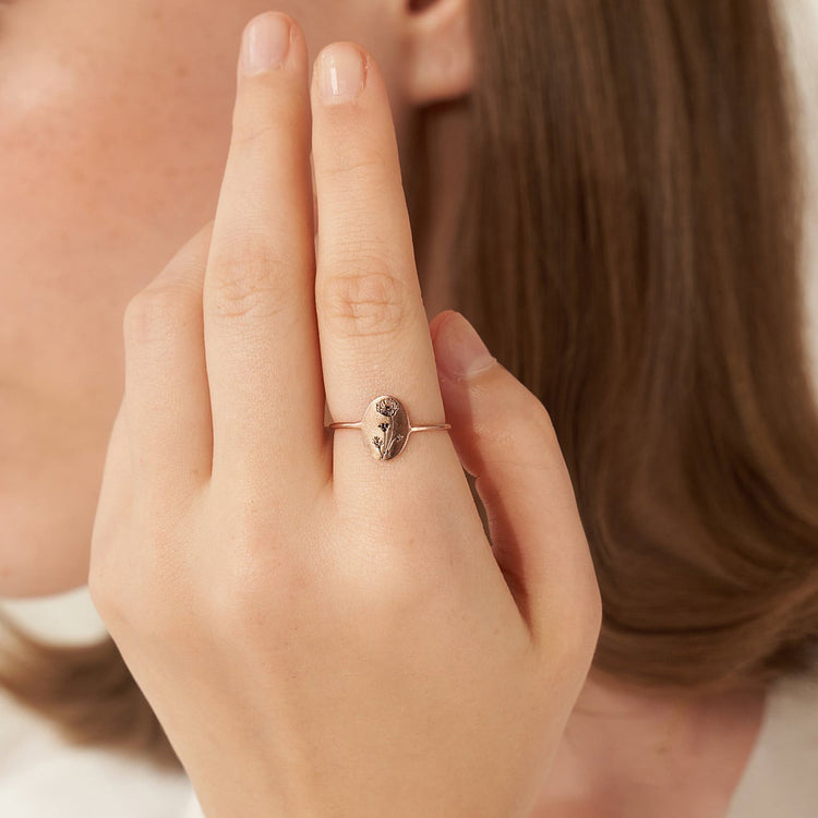 925 Sterling Silver Oval Coin 12 Month Birth Flower Ring