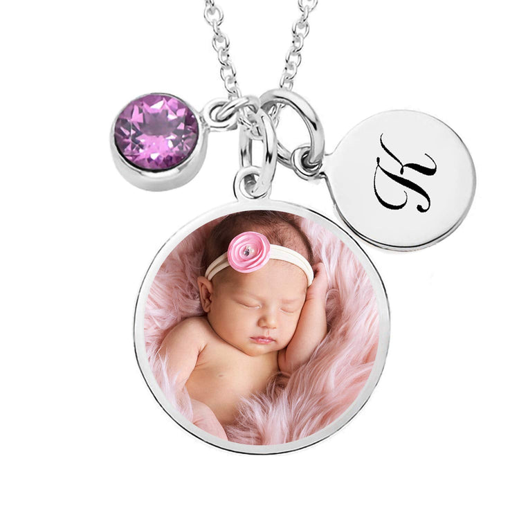 925 Sterling Silver Personalized Picture Necklace Initial Charm With Simulated Birthstone