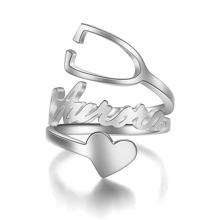 925 Sterling Silver Personalized Stethoscope Name Ring