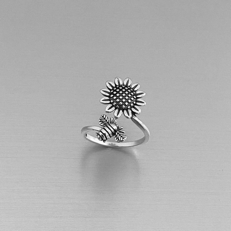 925 Sterling Silver Vintage Adjustable Sunflower and Bee Ring