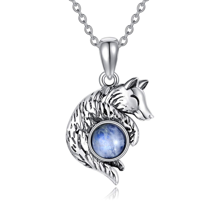 925 Sterling Silver Wolf Pendant Moonstone Necklace