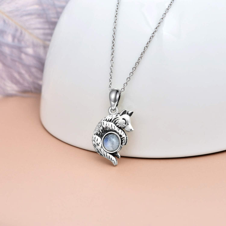 925 Sterling Silver Wolf Pendant Moonstone Necklace