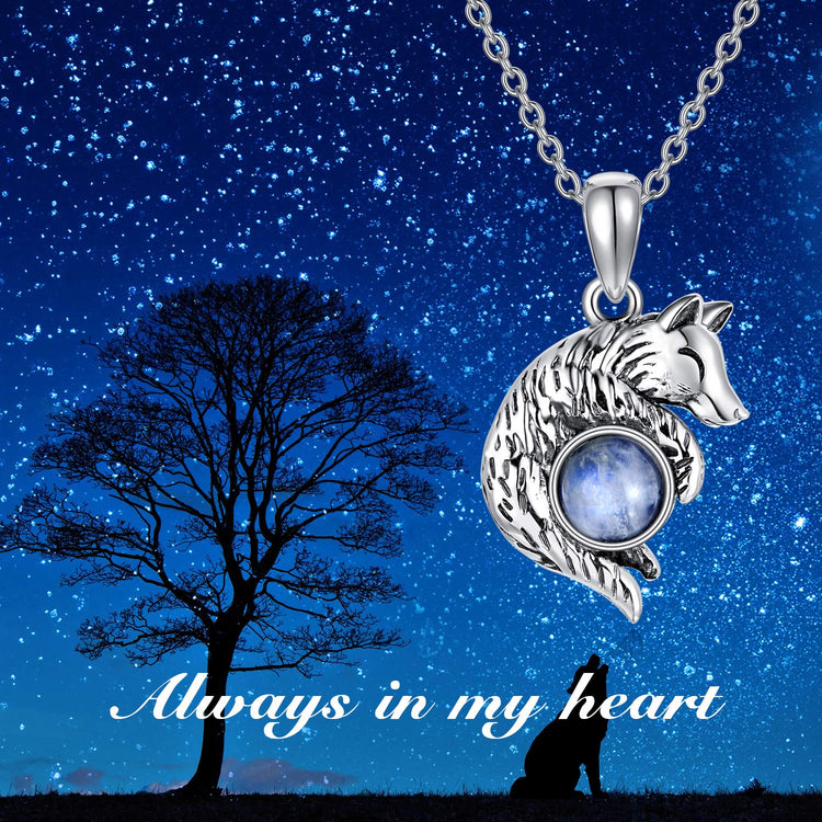 925 Sterling Silver Wolf Pendant Moonstone Necklace