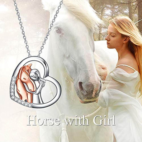 925 Sterling Silver Horse with Girl Heart Pendant Necklace for Girls, Girlfriend, Teens, Women, Daughter - onlyone