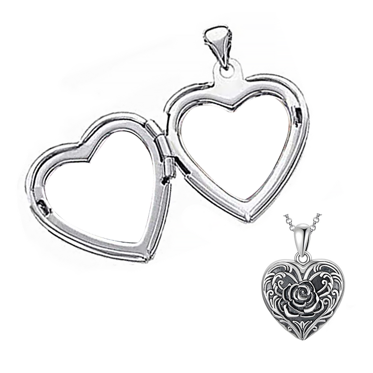 925 Sterling Silver Cameo Rose Flower Heart Photo Locket Necklace