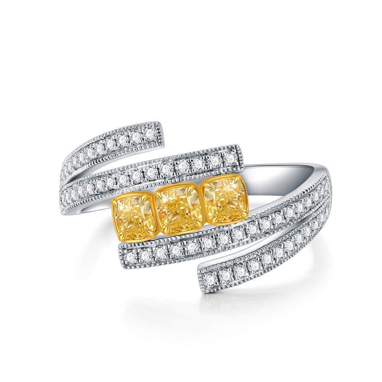 18K Three Stone Wedding Engagement Yellow Diamond Ring