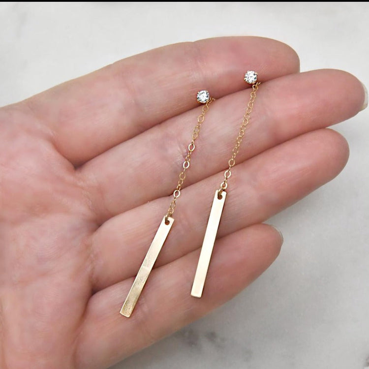 925 Sterling Silver Long Dainty Bar Earrings With Cubic Zirconia