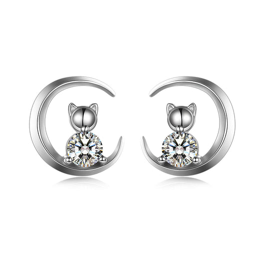 925 Sterling Silver Crescent Cat Stud Earrings