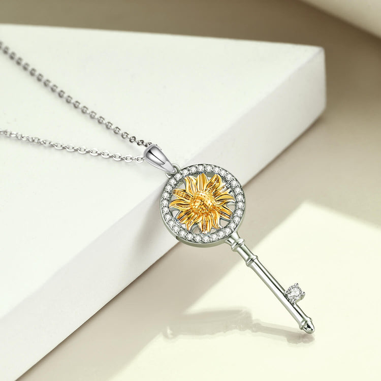 925 Sterling Silver Sunflower Key Necklace