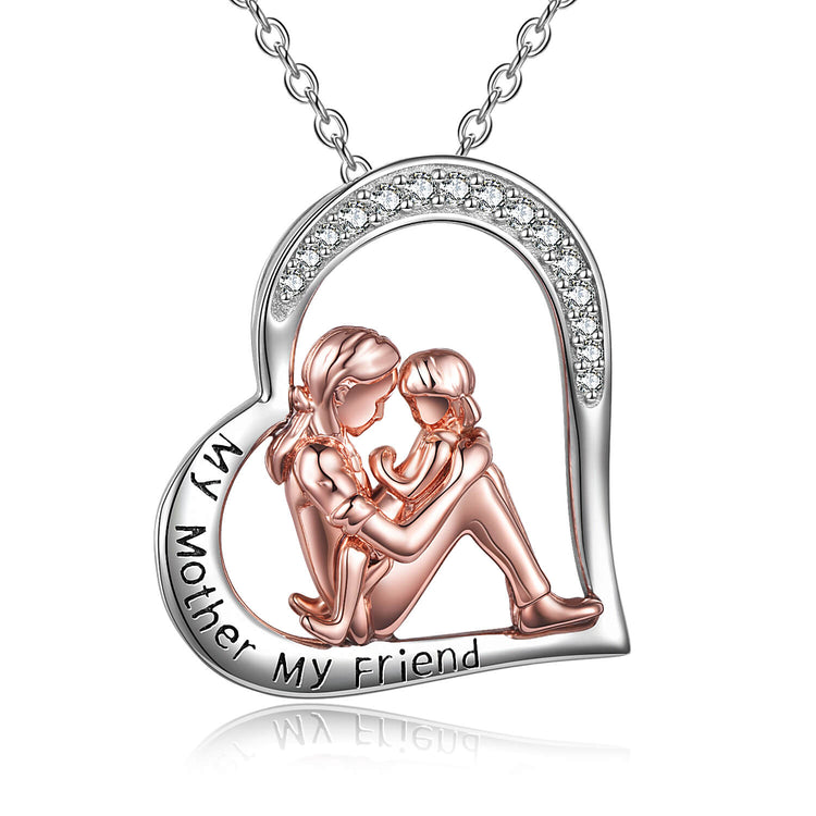 925 Sterling Silver Mom And Daughter Heart Necklace