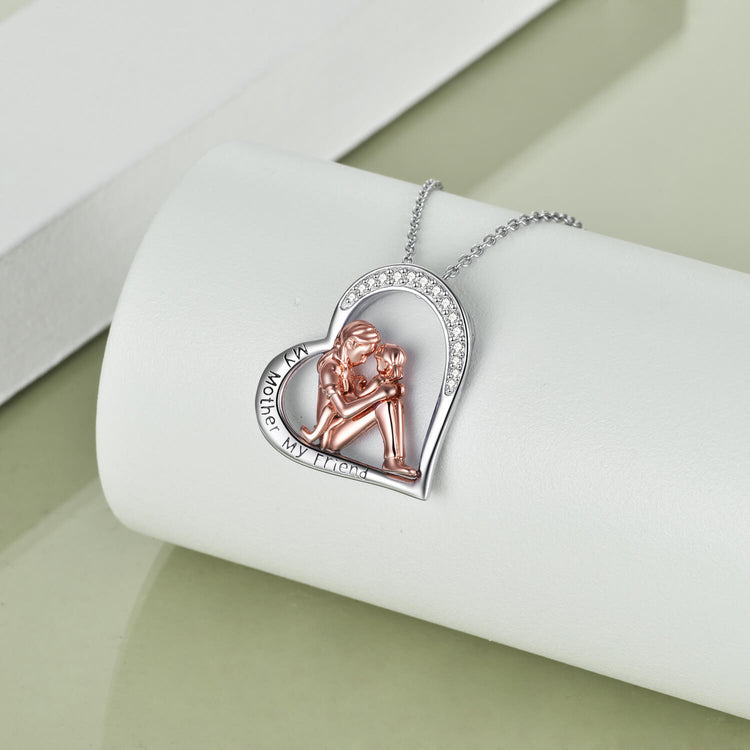 925 Sterling Silver Mom And Daughter Heart Necklace