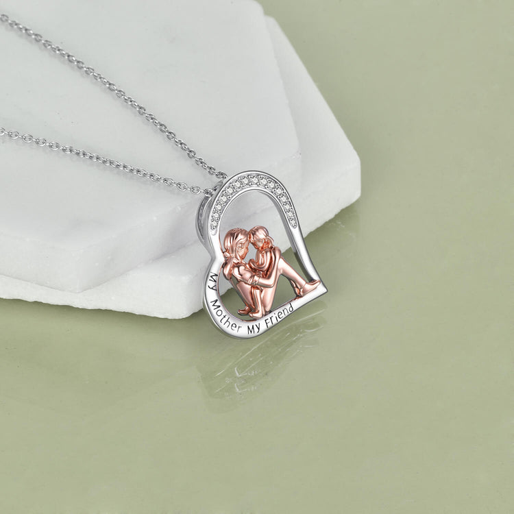 925 Sterling Silver Mom And Daughter Heart Necklace