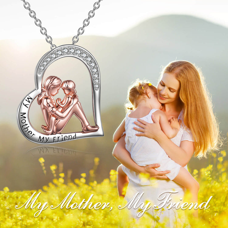 925 Sterling Silver Mom And Daughter Heart Necklace